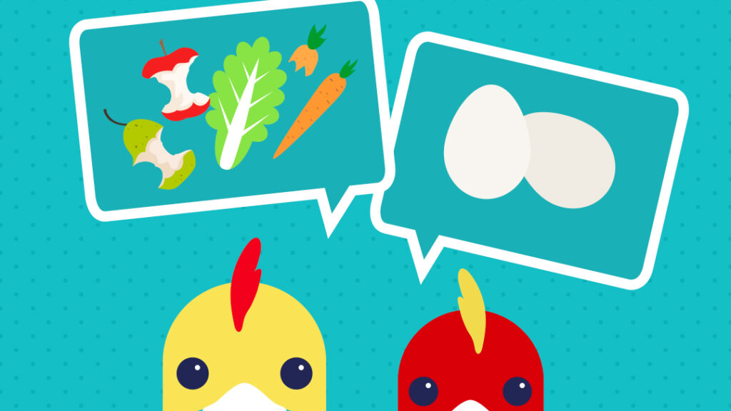 Poules qui parle de réduction des déchets et d'oeufs